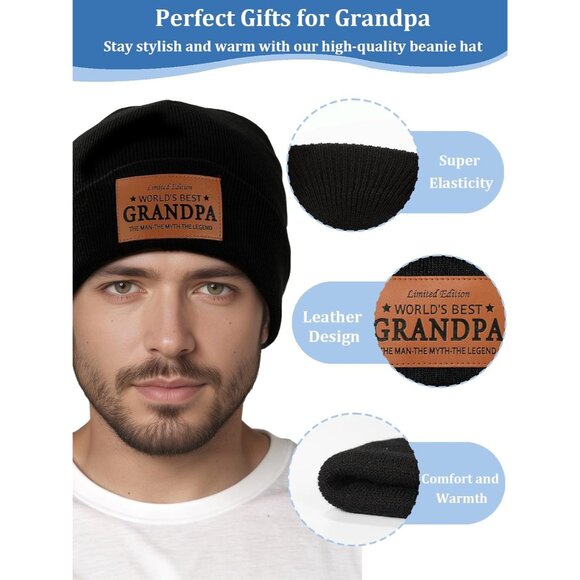 Worlds Best Grandpa Gifts Leather Beanie Hat Christmas Birthday Retirement Anniv - Picture 4 of 6